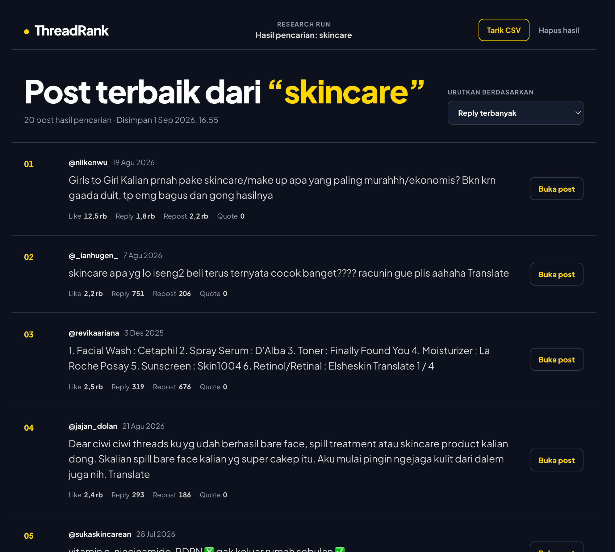 Workspace ThreadRank dengan hasil pencarian skincare yang diurutkan berdasarkan reply